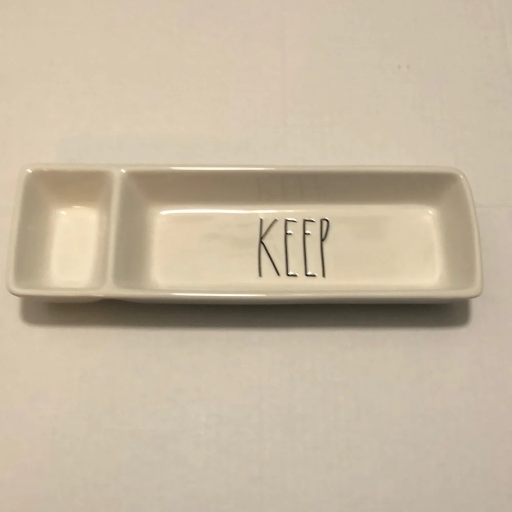 Rae Dunn Artisan Collection separated jewelry dish tray with ‘Keep’ on one side